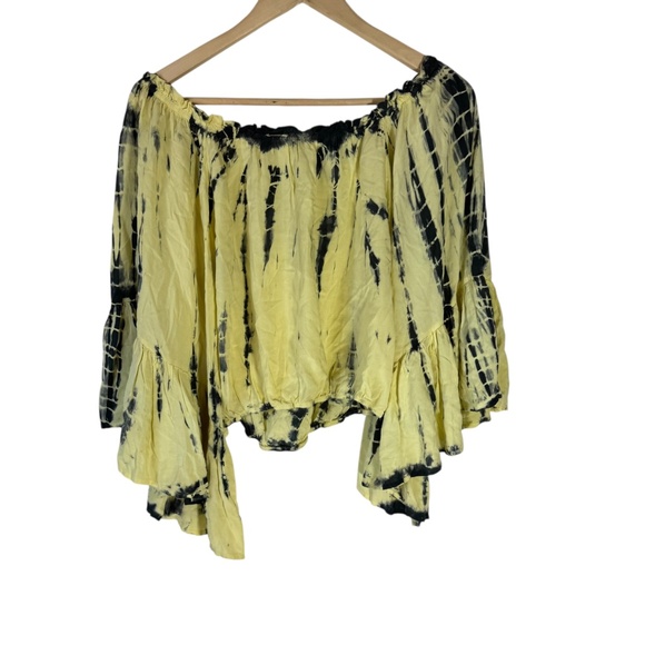 Surf Gypsy Yellow/Black Tie Dye Bell Sleeve Crop Top Sz M - Picture 2 of 8